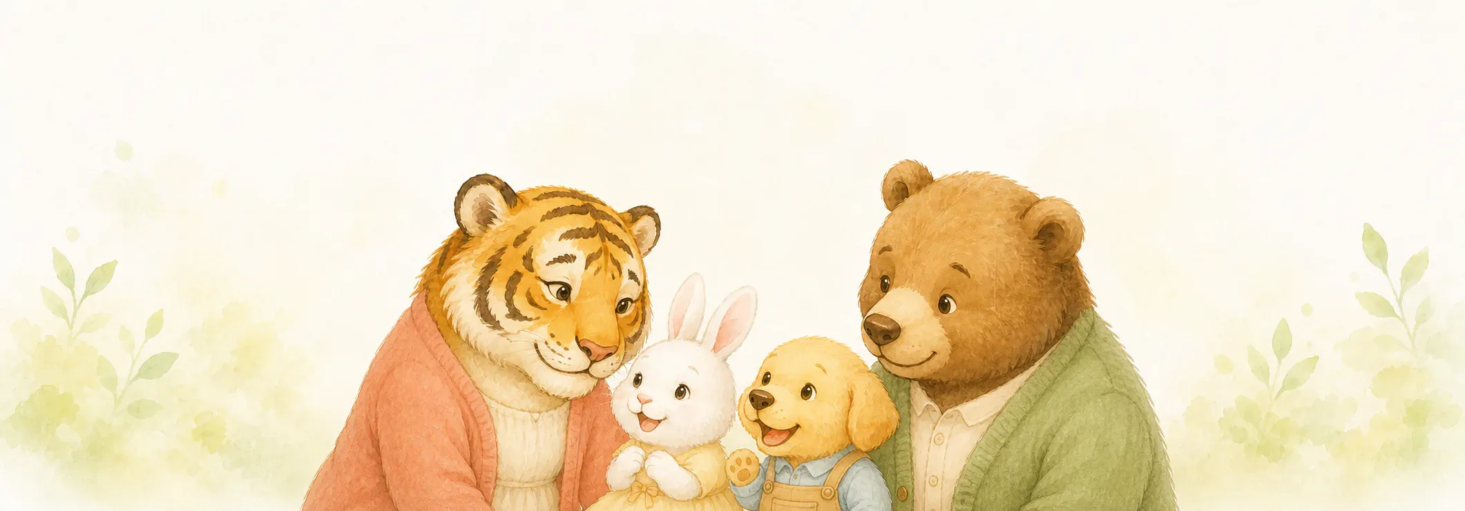 トラのお母さんとクマのお父さんが、白いうさぎと子犬を抱き寄せる水彩画