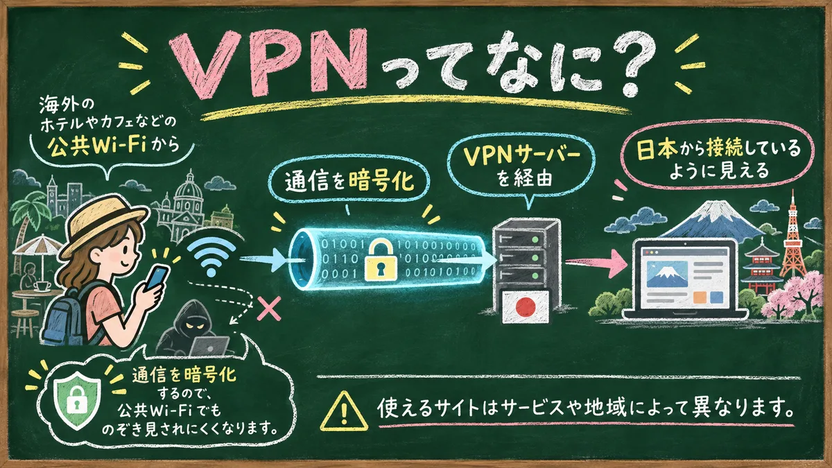 公共Wi-FiからVPNサーバーを経由する通信の流れを描いた黒板イラスト