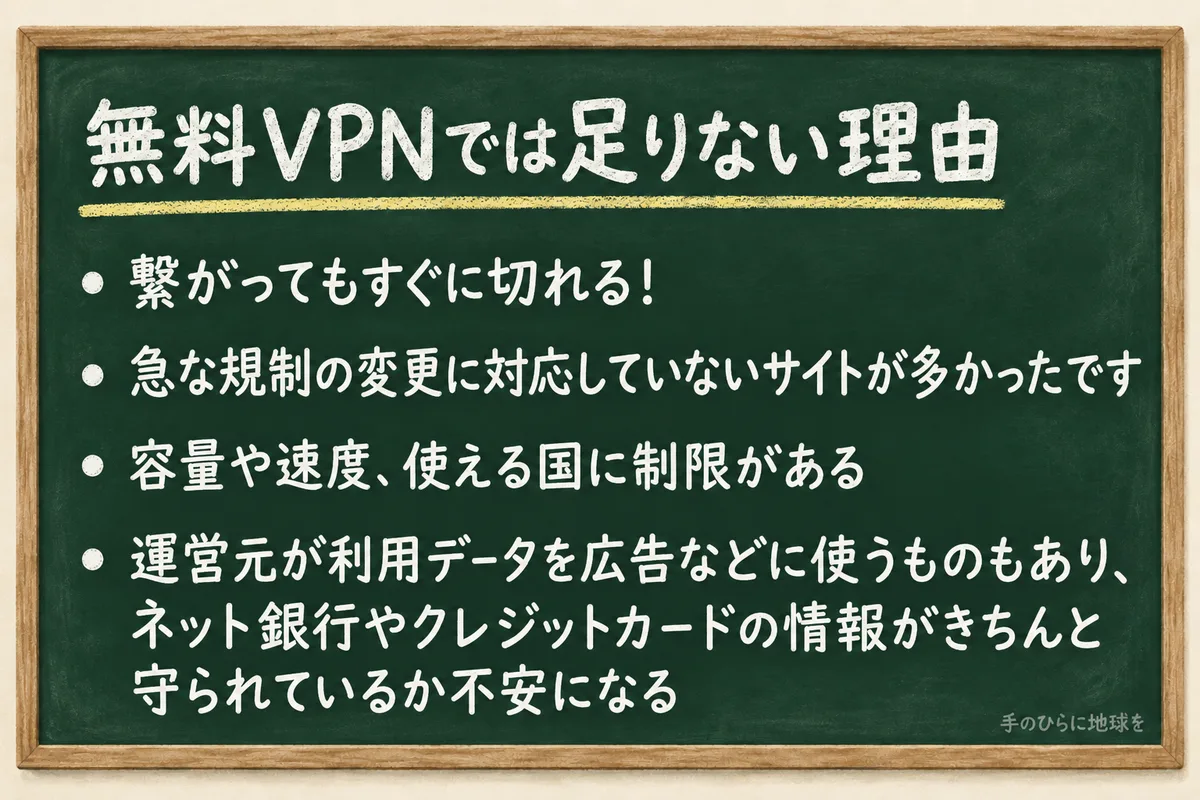 無料VPNで接続が切れやすい、規制変更への対応や容量・速度・利用国に制限がある、利用データの扱いに不安がある点をまとめた黒板イラスト