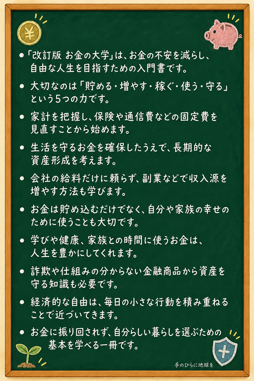 『改訂版 お金の大学』の要点をチョークで書いた黒板のイラスト